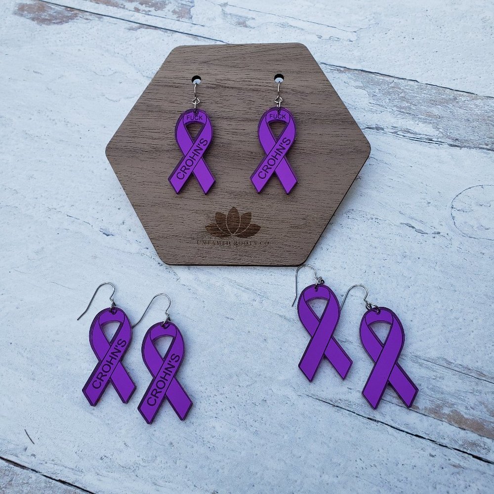 Crohn's Disease Awareness Ribbon Earrings, Purple Mirror Acrylic, Handmade